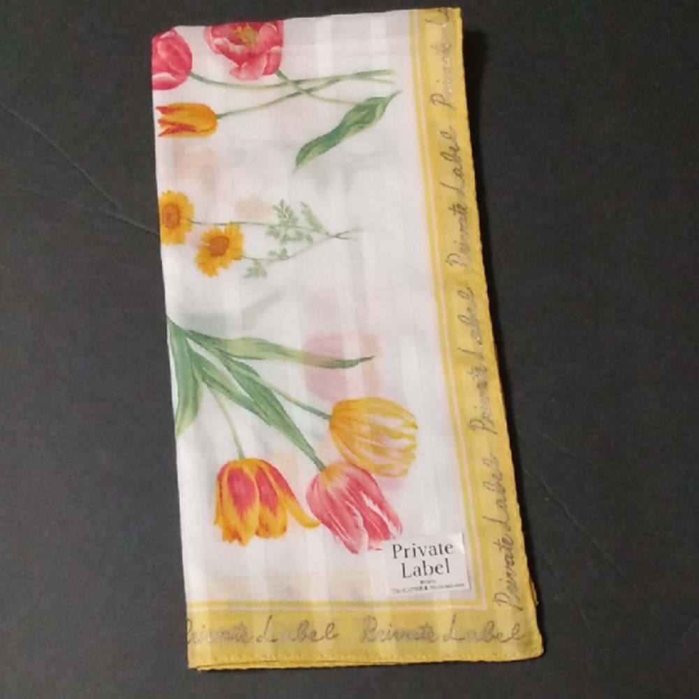 Nos Vintage Private Label Tulips Daisy  Floral Scarf Handkerchief